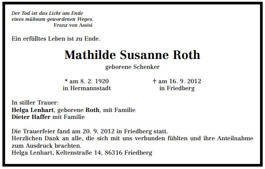 Schenker Mathilde 1920-2012 Todesanzeige